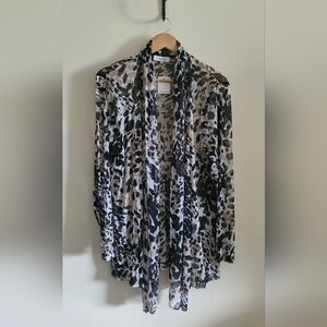 Calvin Klein Gauzy Sheer Open Cardigan, Women's XL, Printed Black, Cream & Tan.